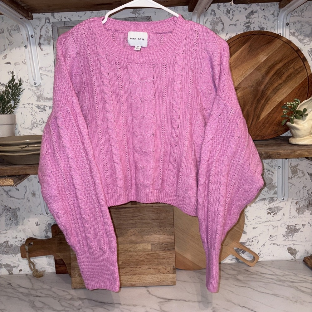Women's Cropped Pink Cableknit Long Sleeve Cozy Cabincore Pullover Sweater Med